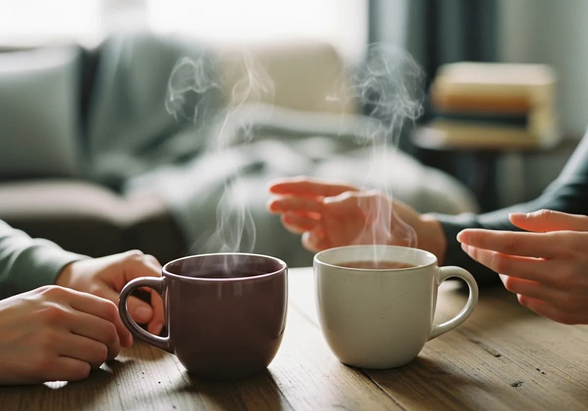 Two mugs of herbal tea beside a gentle conversation at home