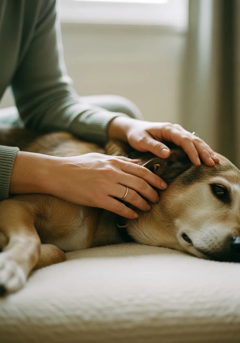 A woman's gentle hands resting on a calm senior dog at home