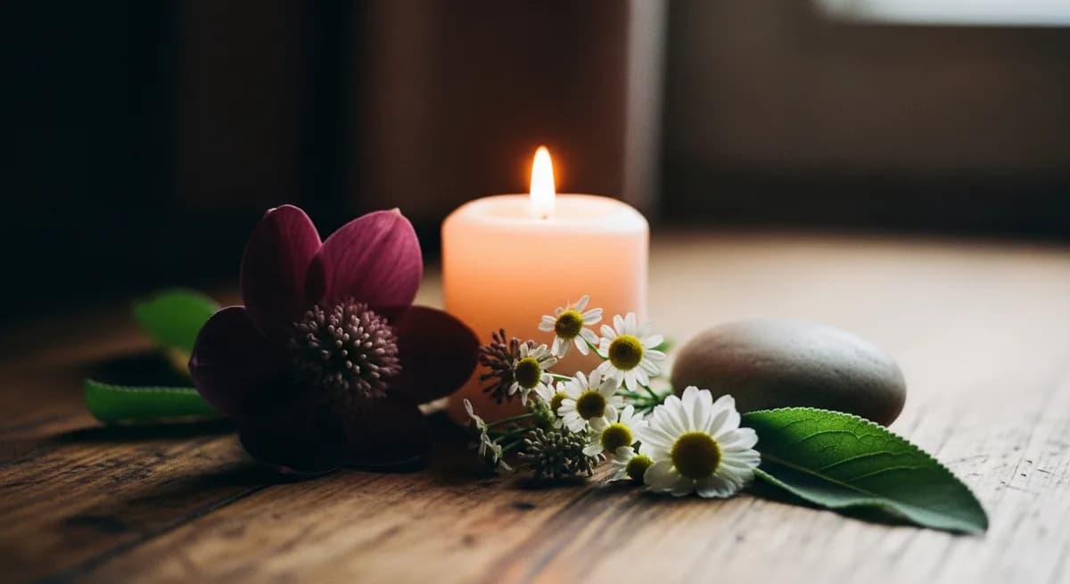 A softly glowing candle beside gentle flowers in warm light