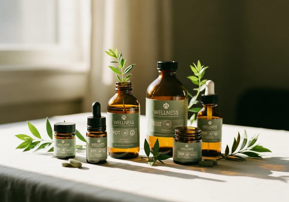 Amber wellness bottles arranged with soft green botanicals