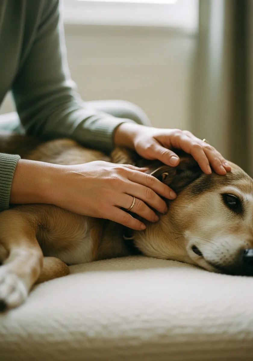 A pet parent gently comforting their senior dog at home